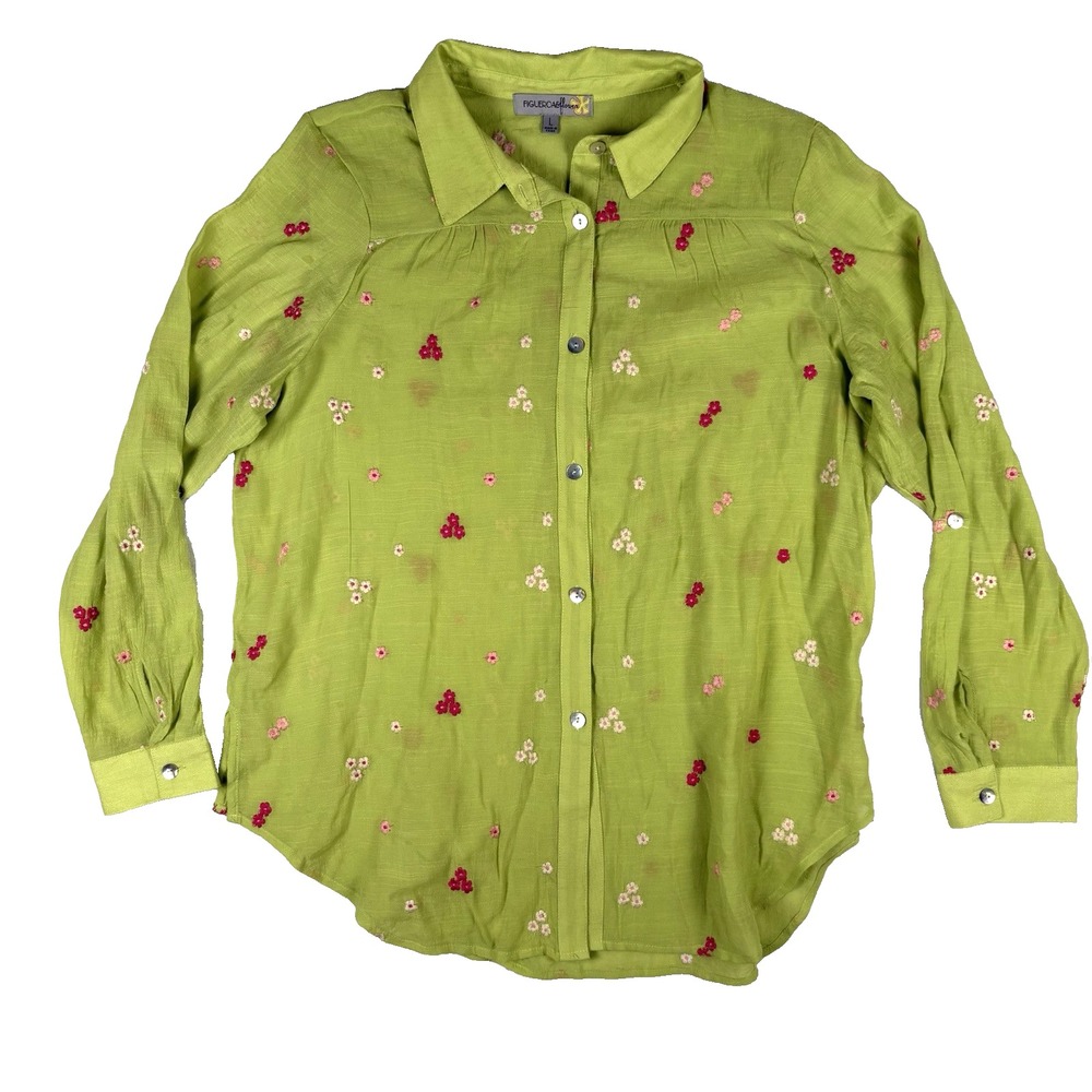 FIGUEROA & FLOWER Embroidered Blouse Size L Green Button Down Roll Tab Sleeve